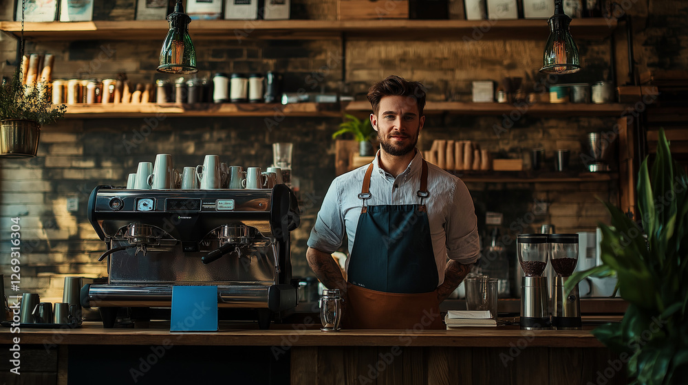 A friendly male barista in a trendy artisanal coffee shop, standing near a high-end espresso machine, wooden rustic interior with warm lighting, stylish and modern ambiance A friendly male barista in a trendy artisanal coffee shop, standing near a high-end espresso machine, wooden rustic interior with warm lighting, stylish and modern ambiance