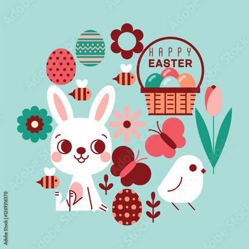 Happy Easter Greeting Card with Cute Bunny, Chick, Easter Eggs, Flowers, and Spring Elements in Pastel Colors. Festive Holiday Illustration.