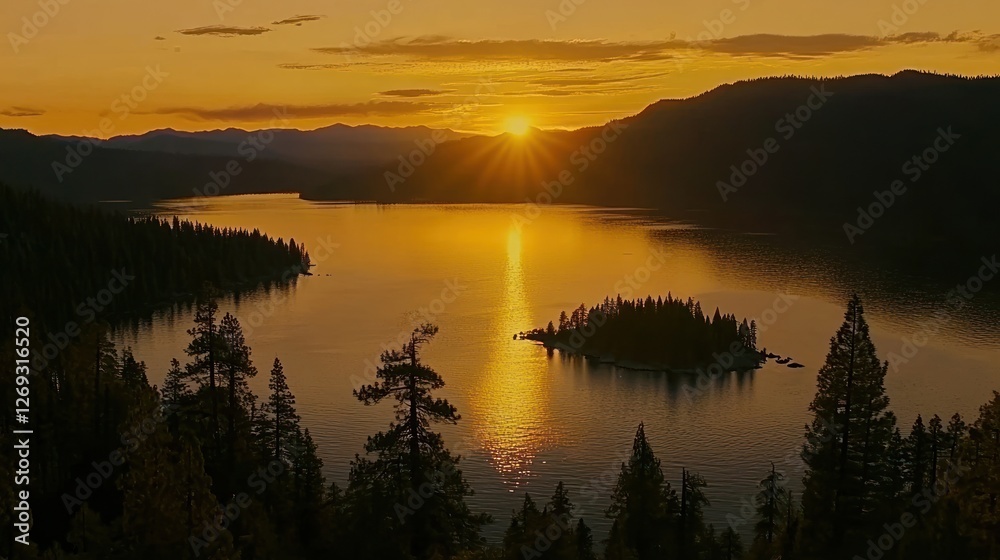 Golden Sunset Over Lake And Island Trees Golden Sunset Over Lake And Island Trees