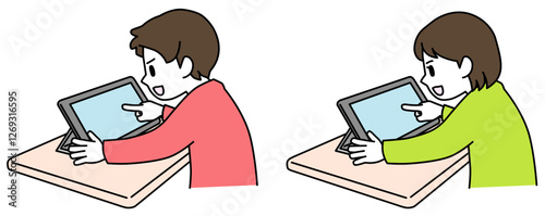 タブレットで学習する子供のイラスト