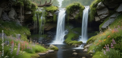 Tranquil waterfall surrounded by wildflowers and moss, peaceful, landscape, beauty, wildflowers