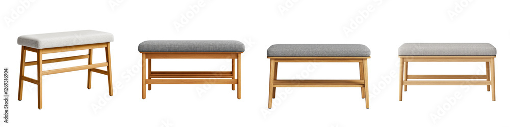 Wooden benches with padded cushions in a clean minimalist interior design setting Perfect for use in home office studio exhibition or gallery spaces Wooden benches with padded cushions in a clean minimalist interior design setting Perfect for use in home office studio exhibition or gallery spaces