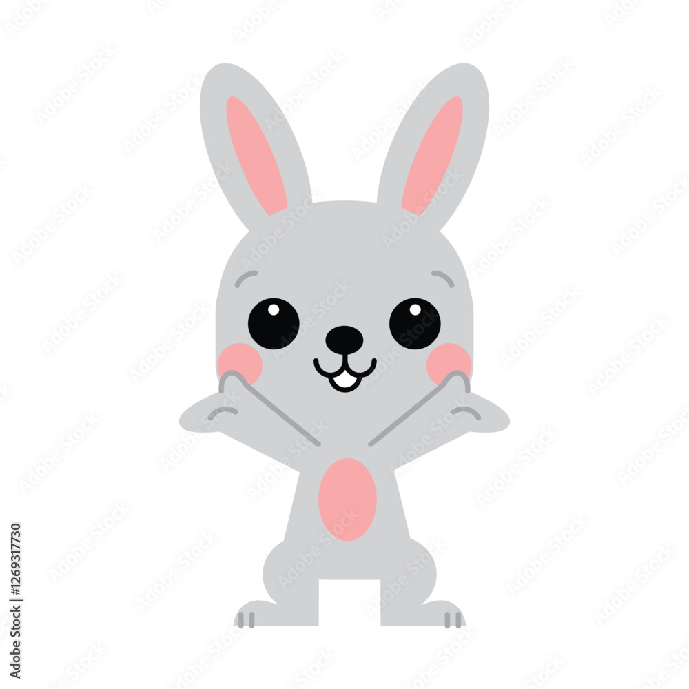 Cute gray rabbit with blushing cheeks. Its hands are open as if it is excited or greeting someone, giving a playful and welcoming expression. Vector illustration. Cute gray rabbit with blushing cheeks. Its hands are open as if it is excited or greeting someone, giving a playful and welcoming expression. Vector illustration.