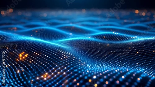 Abstract Digital Waveform: Glowing Blue and Orange Nodes in a Mesh Network