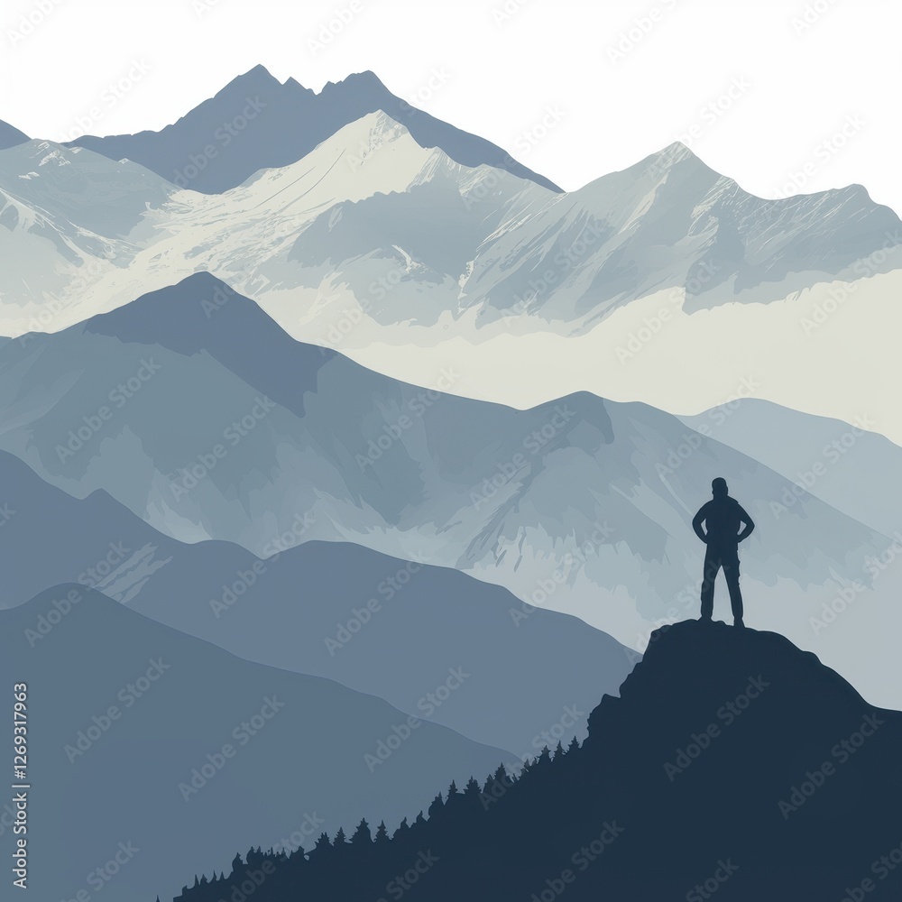Majestic Mountain Range View Silhouette of a Hiker Contemplating Scenic Vista Majestic Mountain Range View Silhouette of a Hiker Contemplating Scenic Vista