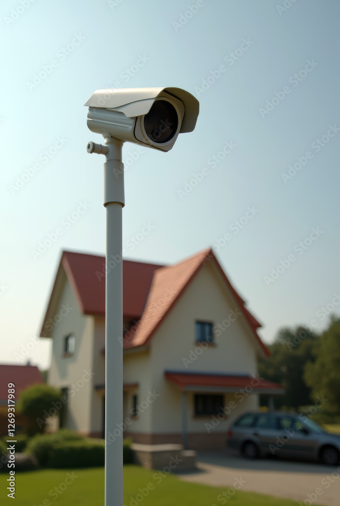 Outdoor CCTV Camera on a Pole with a House in the Distance Outdoor CCTV Camera on a Pole with a House in the Distance