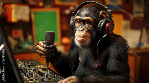 A chimpanzee wearing headphones, sitting in a radio station, speaking into a microphone like a DJ. photo