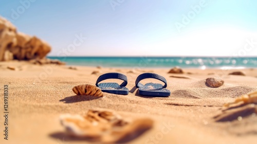 Flip-flops on the sand with the sea in the background