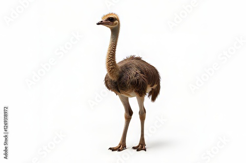 Image features baby ostrich standing gracefully against a neutral background. Concept illustrates baby ostrich showcasing unique characteristics and beauty of wildlife. photo