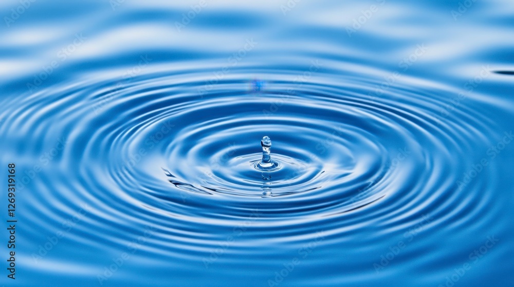 Blue Water Ripples with a Central Drop Creating Concentric Circular Waves on the Surface Blue Water Ripples with a Central Drop Creating Concentric Circular Waves on the Surface