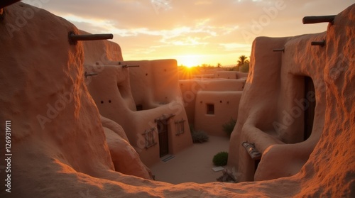 A close-up of adobe pueblo walls, highlighting the earthy tones and textures, with the soft glow of a sunset illuminating the scene