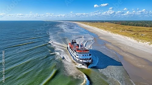 Cruise Ship Navigating Coastal Waters Near Sandy Beach Under Blue Sky