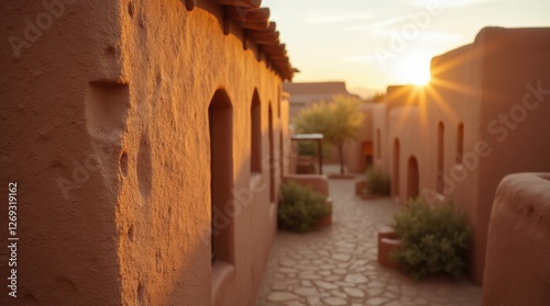 A close-up of adobe pueblo walls, highlighting the earthy tones and textures, with the soft glow of a sunset illuminating the scene