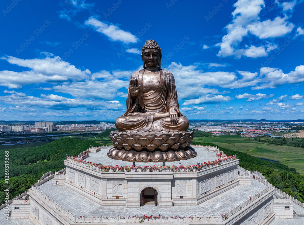 Fototapeta premium Jinding Giant Buddha landscape in Jilin Dunhua Liudingshan Cultural Tourism area 