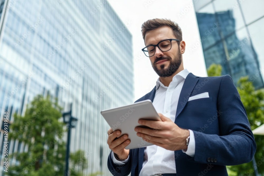 Professional man using a tablet while standing near an office building in a metropolitan area Professional man using a tablet while standing near an office building in a metropolitan area
