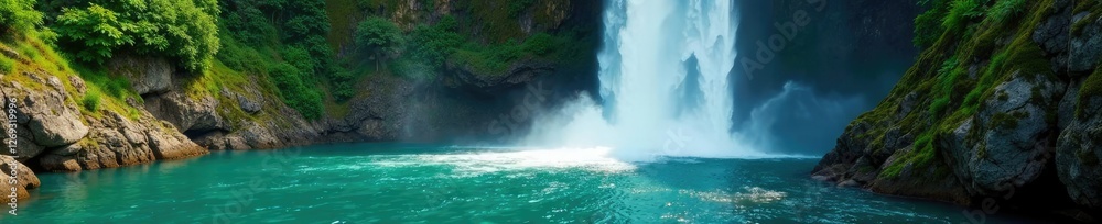 Naklejka premium Cliffside waterfall plunges into emerald pool, waterfall, ripples