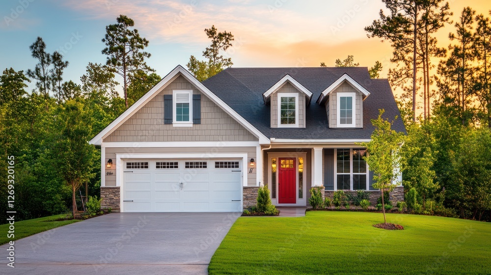 Suburban home at sunset, peaceful, exterior, for sale Suburban home at sunset, peaceful, exterior, for sale