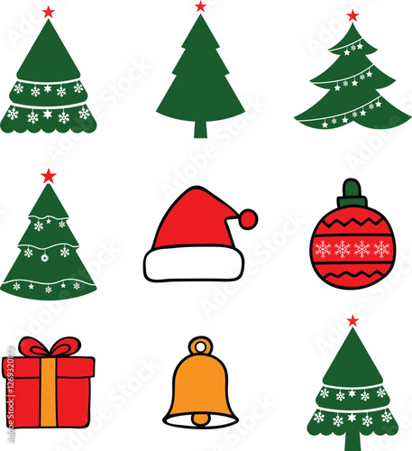 Christmas trees with decorations icon set, Christmas and New Year concept, spruce trees with star and garland sign, Christmas ball icon and gift icon with vector file