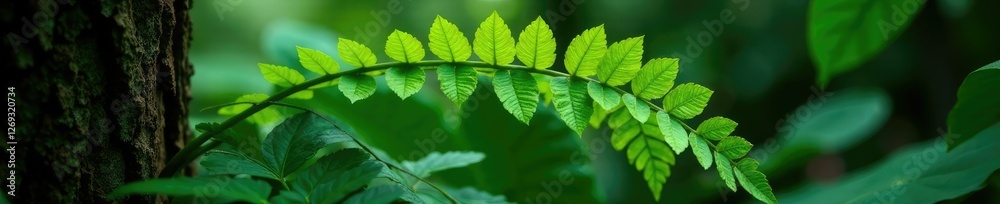 Fern-like green leaves emerging from a thick trunk, foliage, monstera philodendron Fern-like green leaves emerging from a thick trunk, foliage, monstera philodendron