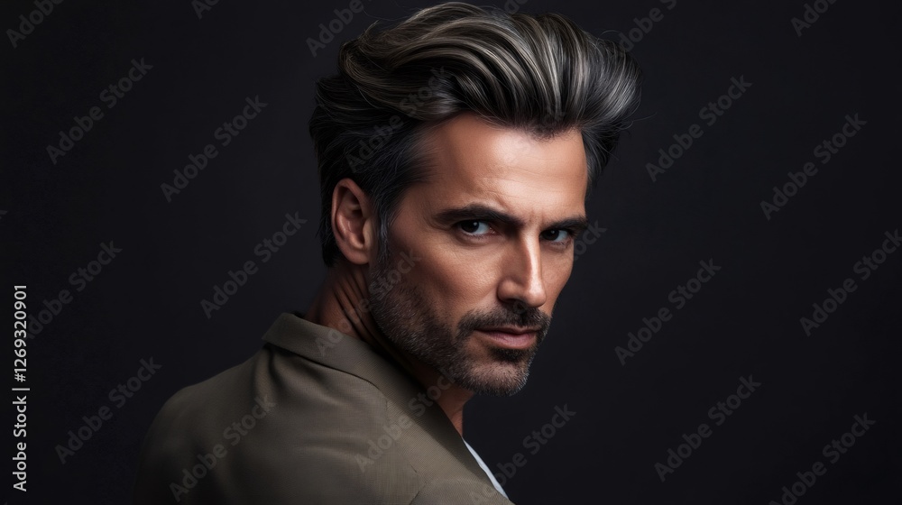 Studio portrait of a confident businessman turning his head, showcasing his stylish grey hair and fashionable attire against a dark backdrop Studio portrait of a confident businessman turning his head, showcasing his stylish grey hair and fashionable attire against a dark backdrop