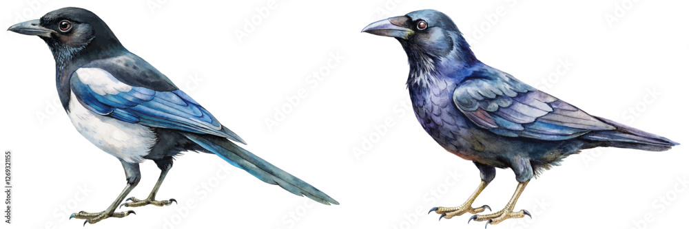 Fototapeta premium Detailed watercolor illustration of birds, vibrant colors, nature art, wildlife representation, educational purposes.