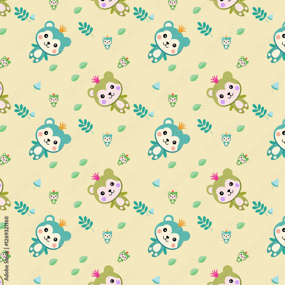 Cartoon Animal and Leaf Pattern with Blue and Green Bears Cartoon Animal and Leaf Pattern with Blue and Green Bears
