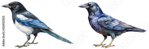 Detailed watercolor illustration of birds, vibrant colors, nature art, wildlife representation, educational purposes.