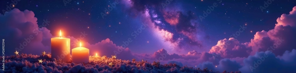 Golden stars and candles against a backdrop of swirling clouds of purple and silver in a starry night sky, , dreamy, starry night Golden stars and candles against a backdrop of swirling clouds of purple and silver in a starry night sky, , dreamy, starry night