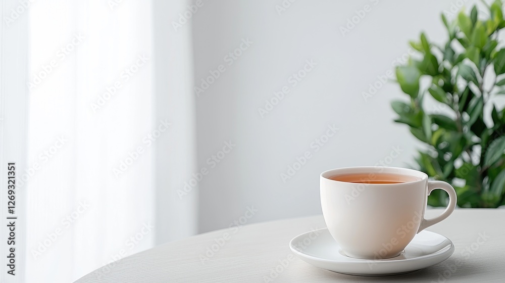 Empty teacup on round table near window with plant. Interior, Relaxing, Quiet. Background Suitable for presentation Empty teacup on round table near window with plant. Interior, Relaxing, Quiet. Background Suitable for presentation