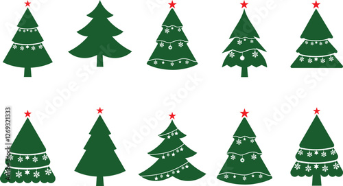 Christmas trees with decorations icon set, Christmas and New Year concept, spruce trees with star and garland sign, Christmas ball icon and gift icon with vector file