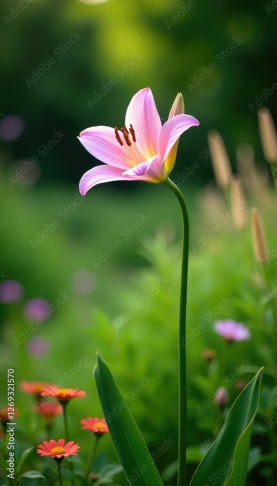 Light pink lily growing in a lush garden with tall grasses and wildflowers, garden scene, greenery Light pink lily growing in a lush garden with tall grasses and wildflowers, garden scene, greenery
