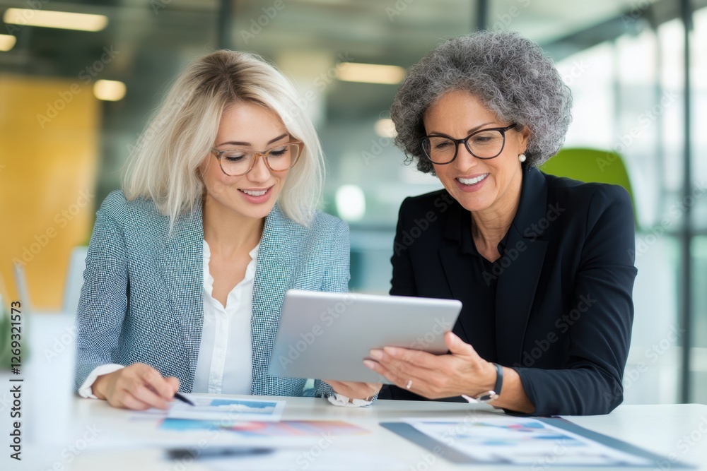 Fototapeta premium Business professionals collaborating, reviewing tablet in a modern office. Diverse and focused