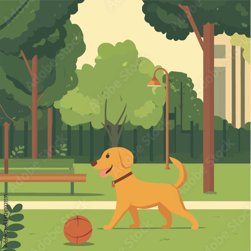 A cheerful 2D vector of a dog playing with a ball in a green park.