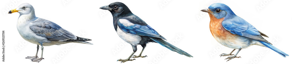 Obraz premium Detailed bird illustrations, vibrant colors, realistic style, educational purpose, nature art, wildlife representation.
