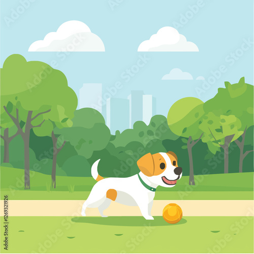 A cheerful 2D vector of a dog playing with a ball in a green park.