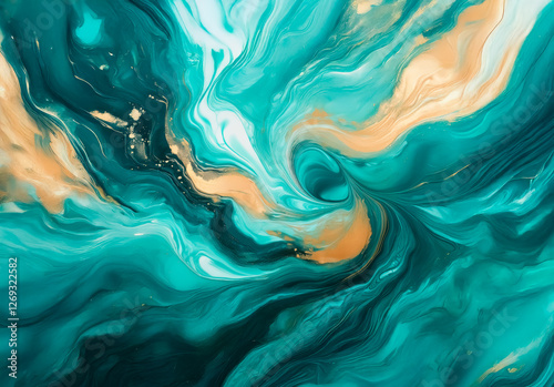 Abstract swirls of teal, blue, and gold paint create a dynamic and fluid composition. The colors blend and merge in a marble-like texture. photo