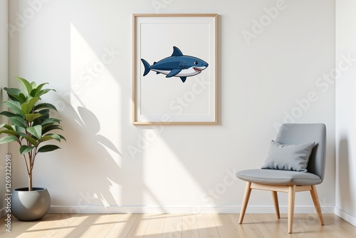 Colorful illustration of baby shark framed on wall in modern room with plant and chair. Concept features baby shark, perfect for children's decor or aquatic themes. photo