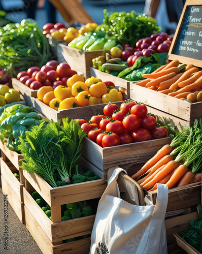 Colorful display of fresh produce at a bustling farmers market in the summer afternoon sun