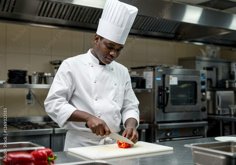 Chef prepares food in a commercial kitchen cutting red bell pepper on a cutting board. Chef in white uniform and chef hat cooking food in restaurant kitchen Chef prepares food in a commercial kitchen cutting red bell pepper on a cutting board. Chef in white uniform and chef hat cooking food in restaurant kitchen