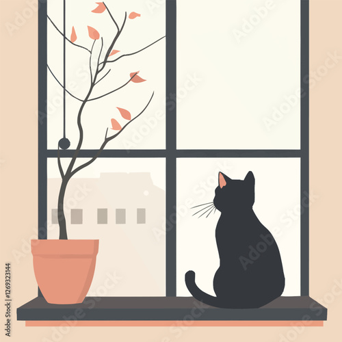 A cozy 2D vector of a cat sitting on a windowsill gazing outside.