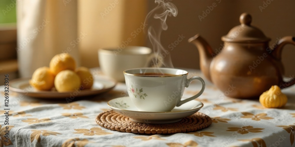 Aromatic Tea in a Delicate Cup with Sweet Treats on a Floral Tablecloth Aromatic Tea in a Delicate Cup with Sweet Treats on a Floral Tablecloth