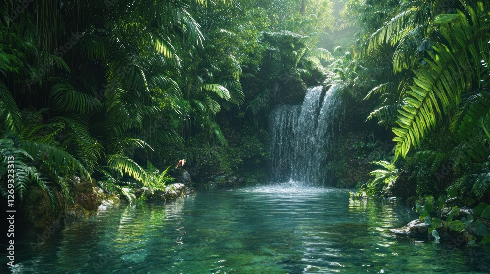 Fototapeta premium Lush jungle waterfall pool, serene nature scene, background foliage, travel brochure