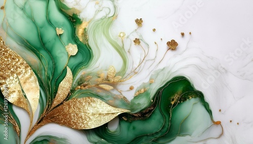 flower marble texture with abstract green white glitter and gold background alcohol ink color