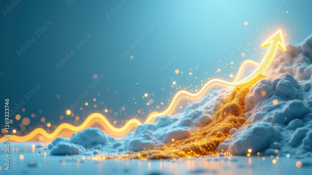 Obraz premium Financial growth ascending with rising gold sparkles and upward arrow on cloud-filled sky.