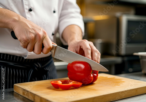 Red bell pepper being cut by a chef on a wooden cutting board. The chef is preparing food in a commercial kitchen
