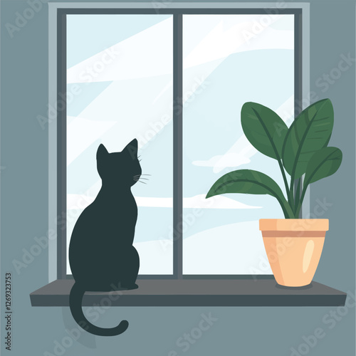 A cozy 2D vector of a cat sitting on a windowsill gazing outside.