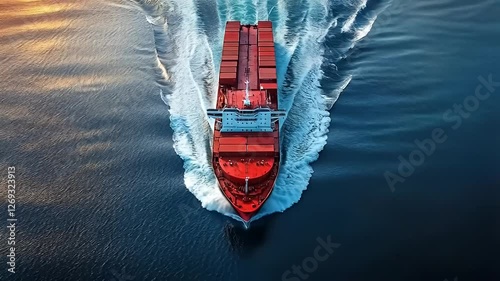 Aerial View of a Red Container Ship Cutting Through Ocean Waves at Sunset