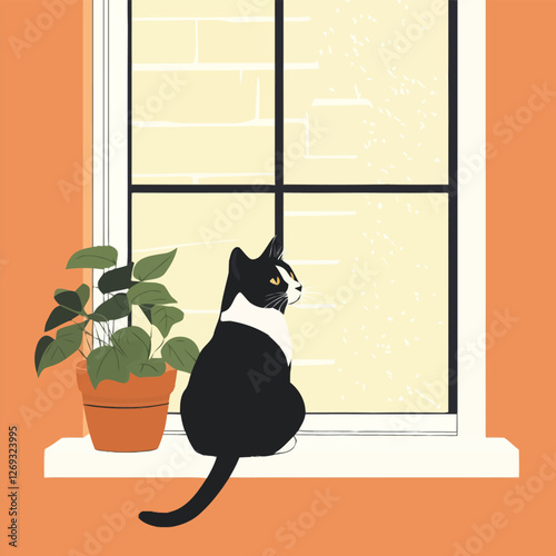 A cozy 2D vector of a cat sitting on a windowsill gazing outside.