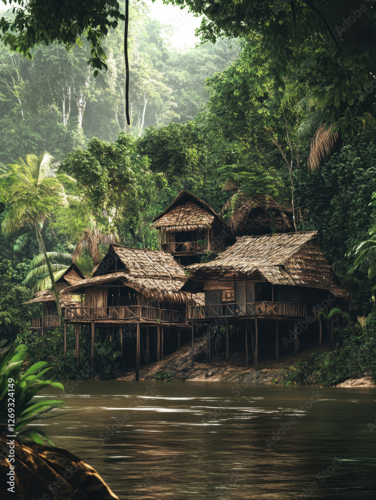 A village with wooden houses on stilts surrounded by dense jungle A village with wooden houses on stilts surrounded by dense jungle