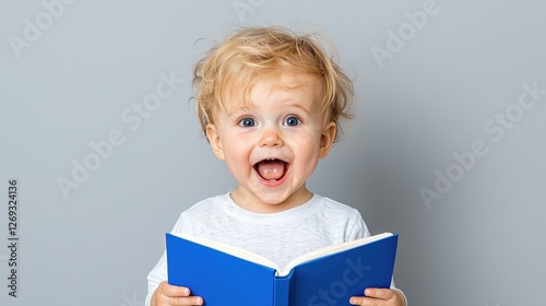 Baby reading a book, happy expression, studio shot